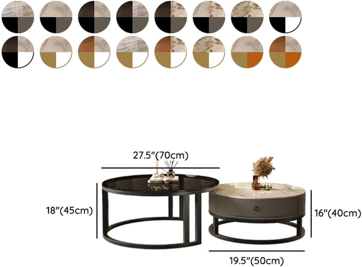 LITFAD 2-Piece Nesting Coffee Tables Steel Frame Round Slate Top Living Room Table Modern Central Table with Storage Drawer for Living Room, Office, Cafe - 27.5'L + 19.5'L Black/ Grey - Clear/ Pandora