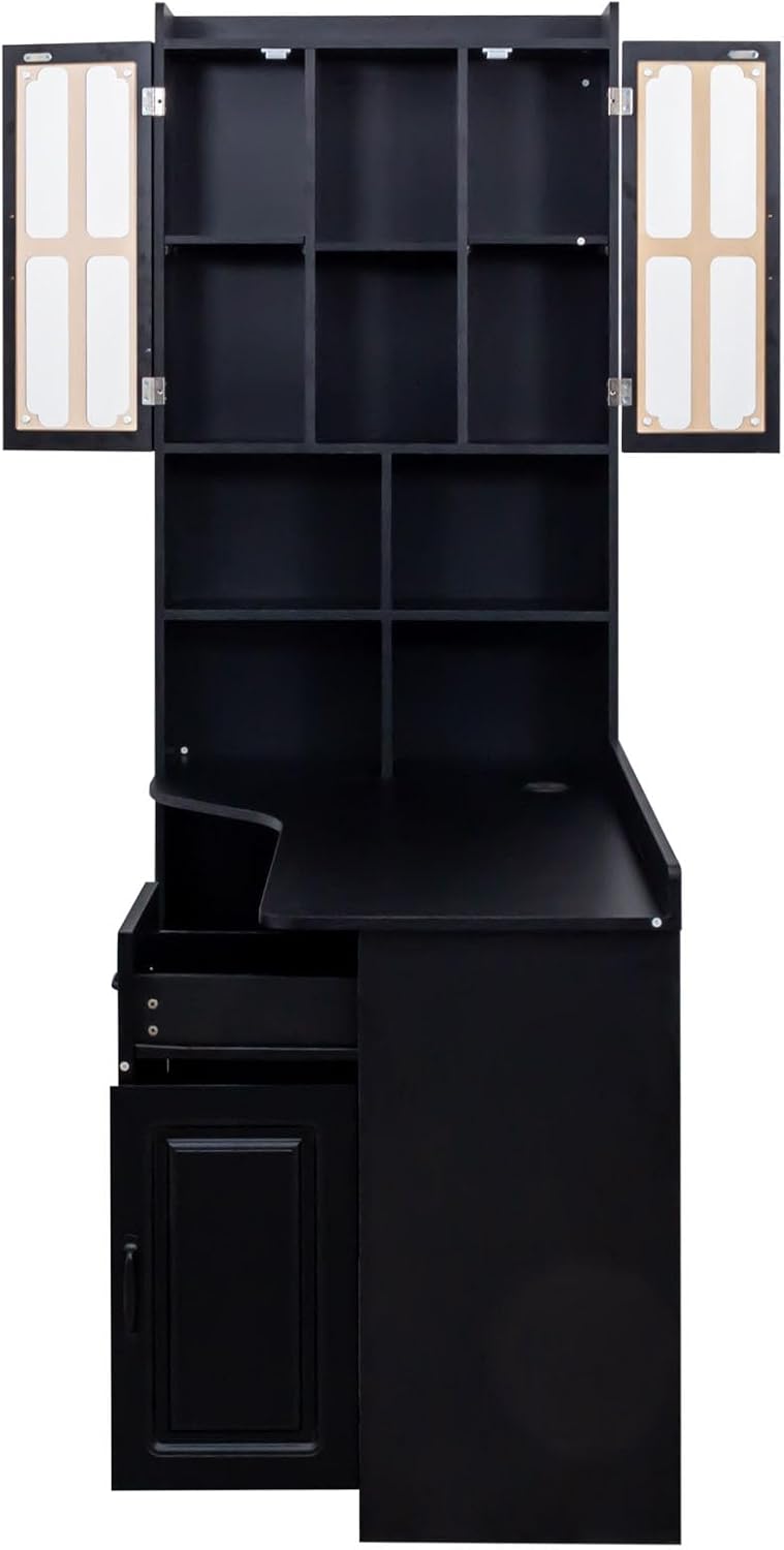 l Shaped Desk with Hutch & Drawers, Small Corner Desks for Small Space Home Office, Farmhouse Desk and Bookshelf Combo with Storage (Black)