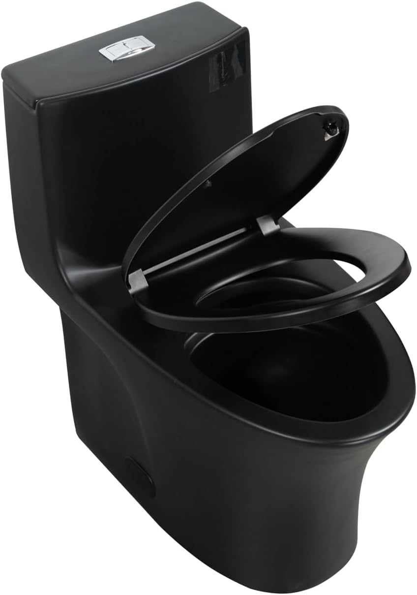 Dual Flush One Toilet, Water Saving Elongated Comfort Height Floor Mounted, Soft Closing Seat, 1000 Gram Map Flushing SToilet, Matte Black