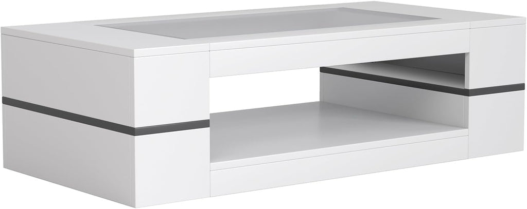 HedoAjim 47.2' Modern Stylish Coffee Table with Glass Table Top, Large Living Room Table Rectangular 2-Tier Center Tables with Storage, Wooden Tea Tables for Dining Reception Room, White