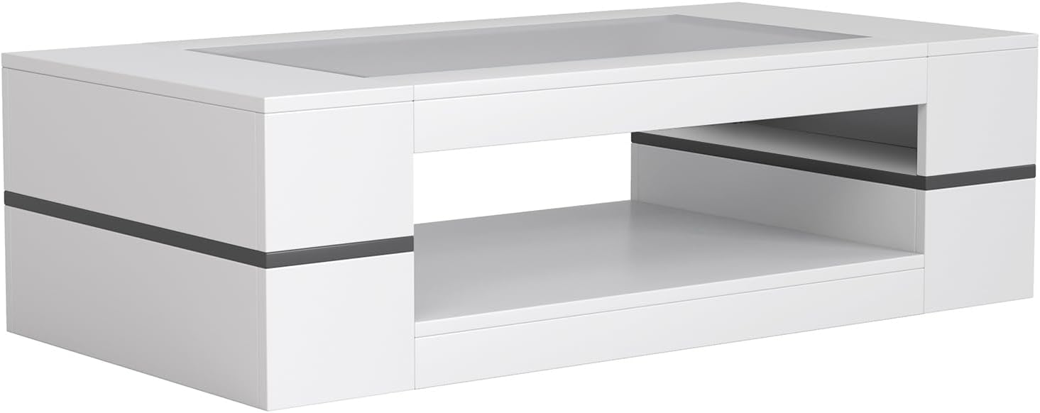 HedoAjim 47.2' Modern Stylish Coffee Table with Glass Table Top, Large Living Room Table Rectangular 2-Tier Center Tables with Storage, Wooden Tea Tables for Dining Reception Room, White