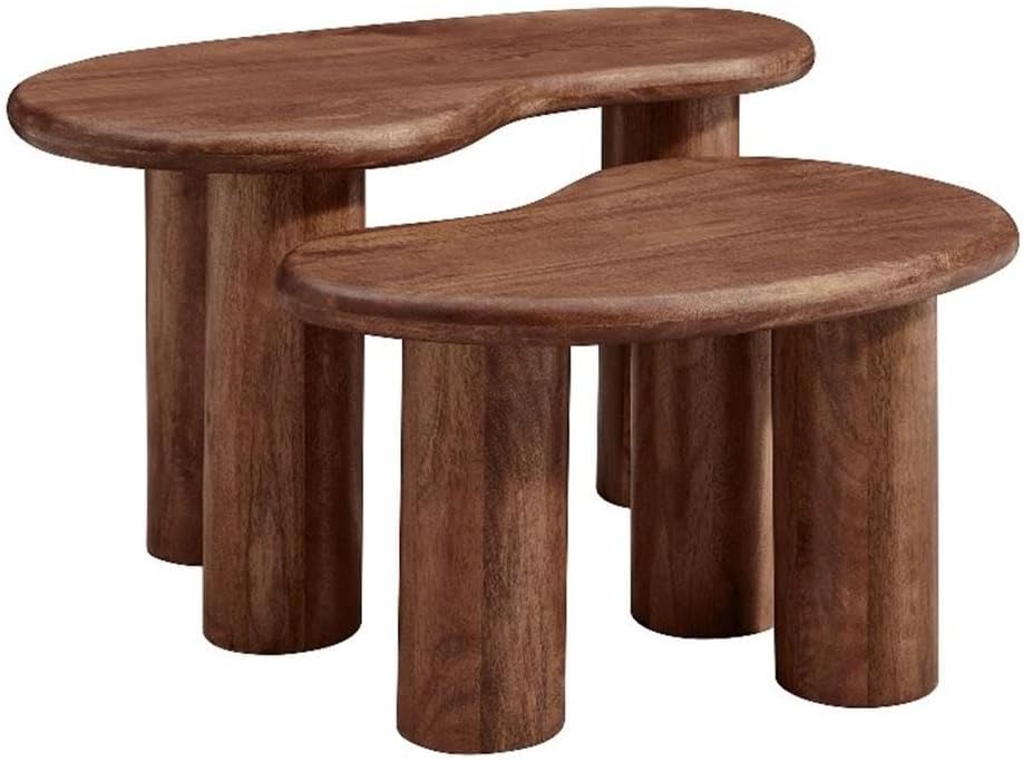 Modway Hackney Mango Wood Nesting Coffee Table Set in Walnut - 2 Piece Kidney-Shaped Wood Coffee Table for Living Room