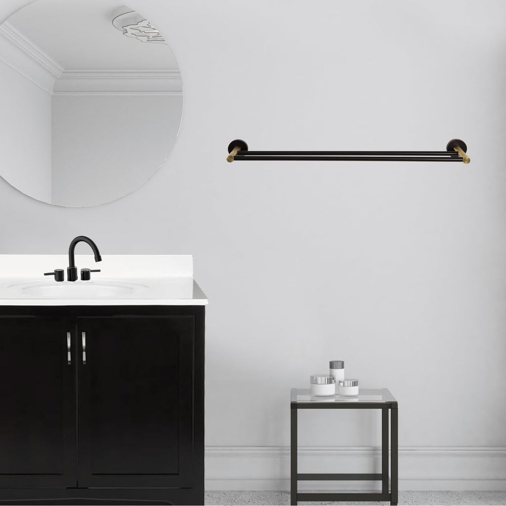 HomeStock Double Towel Bar 24 Inch - Matte Black & Gold Bathroom Hardware