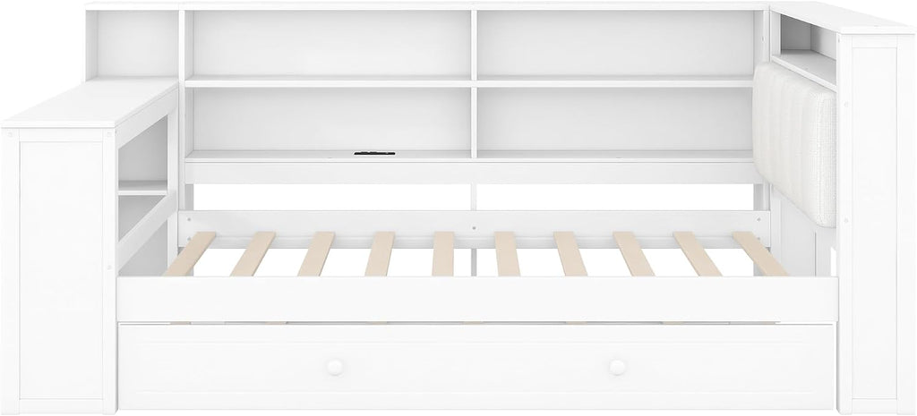 LUMISOL Twin Size Daybed Bed with Trundle, Storage Shelves, Desk & Charging Station, L-Shaped Corner Bed Frame with Upholstered Headboard for Living Room, Guest Room, White