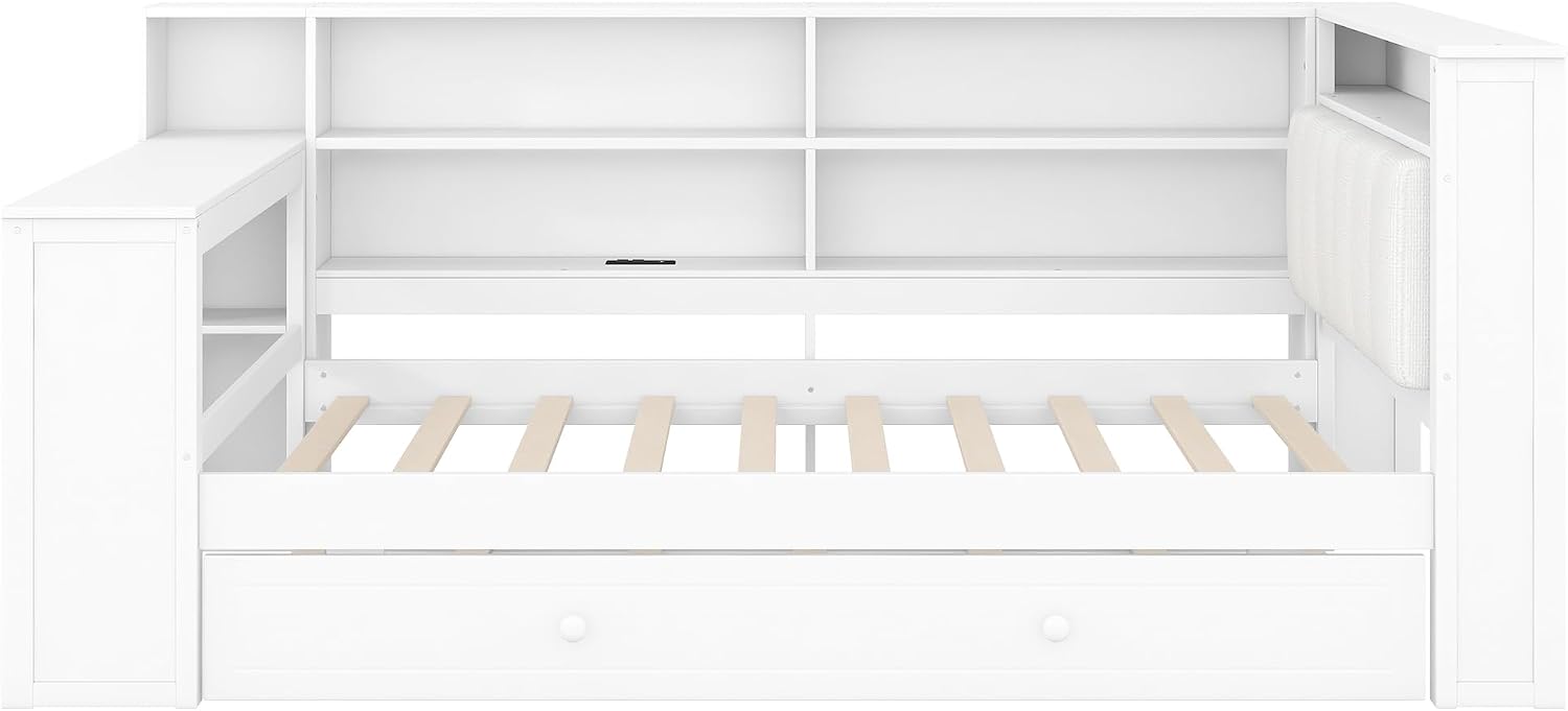 LUMISOL Twin Size Daybed Bed with Trundle, Storage Shelves, Desk & Charging Station, L-Shaped Corner Bed Frame with Upholstered Headboard for Living Room, Guest Room, White