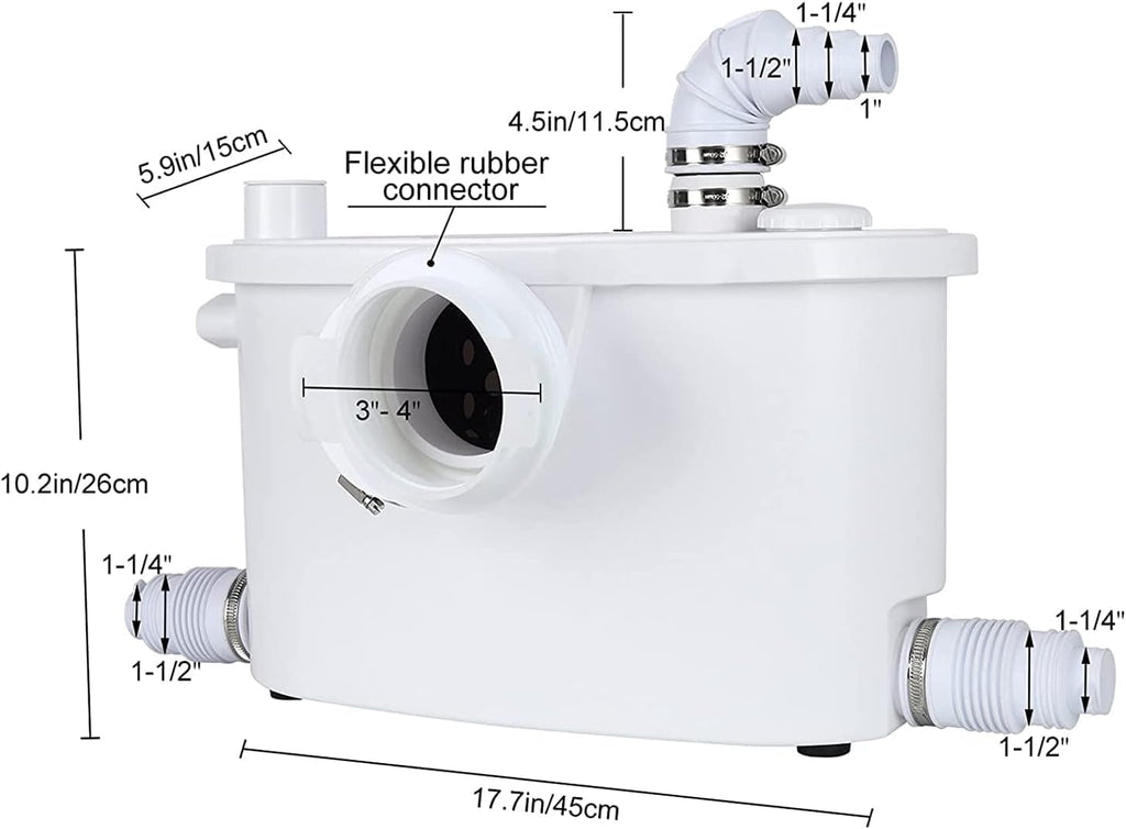 800 Watt High Power Macerating Toilet with Macerator Pump For Basement Upflush System, Powerful & Quiet Elongated One-Piece Dual-Flush Toilet, Glazed Surface, 36FT Vertically