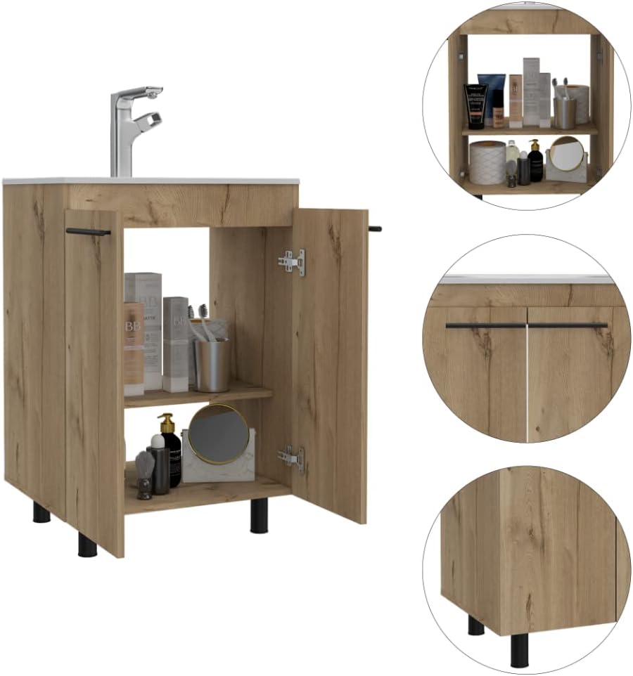 DEPOT E-SHOP 14' Hartford 2-Piece Bathroom Set with Linen Cabinet and Bathroom Vanity, Light Oak – Bathroom Vanity & Storage Suite for Master Bathrooms, Guest Baths & Small Bathrooms