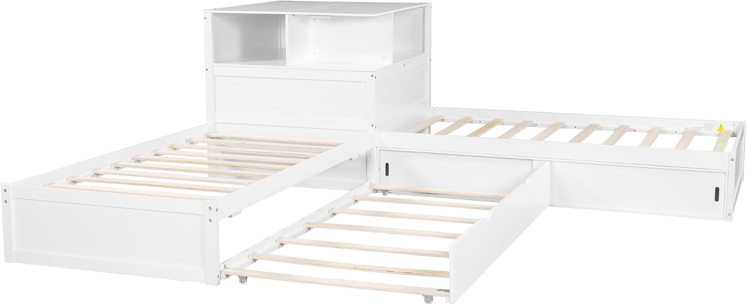 Ball & Cast Twin Size L-Shaped Platform Bed with Storage Cabinets and Multifunctional Desk,Wood Corner Daybed w/Trundle & LED Light,No Box Spring Needed,for Bedroom,Guest Room,Living Room,White