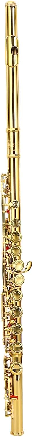16 Keys C Flute Professional Closed Hole Cupronickel Flute Instrument with Split E Key Ergonomic Design for Beginner Student Adult Orchestra Performance Gold
