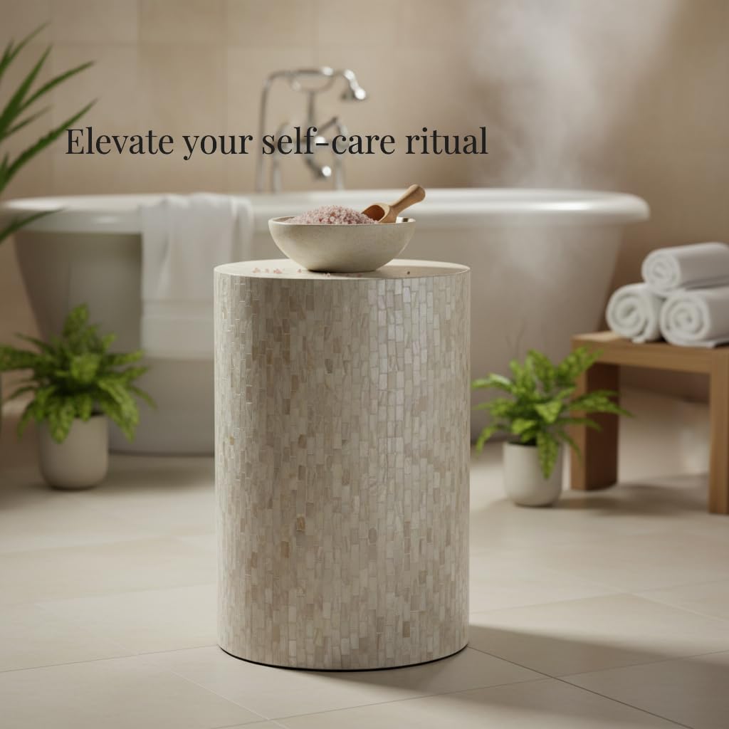 PEMAR Mother of Pearl Cylinder Drum End Table Nacre Side Stool Round Accent Table Coffee Bedside Nightstand and Vanity Stool 13' Diameter x 19.3' High Pearl White & Cream