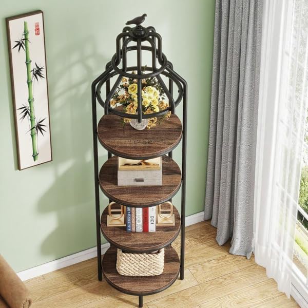 Birdcage Corner Bookshelf with 4-Tier Round Shelves – Narrow Storage Cabinet & Small Bookcase for Living Room, Bedroom, Office – Space-Saving Display Shelf with Metal Frame & Wood Finish