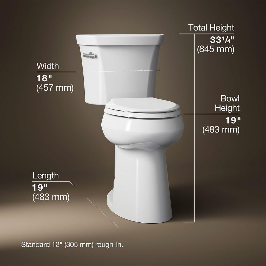 KOHLER K-25224-0 Highline Tall Two-Piece Elongated Toilet with Left-Hand Trip Lever, Elongated Toilet Bowl, 1.28 GPF, White