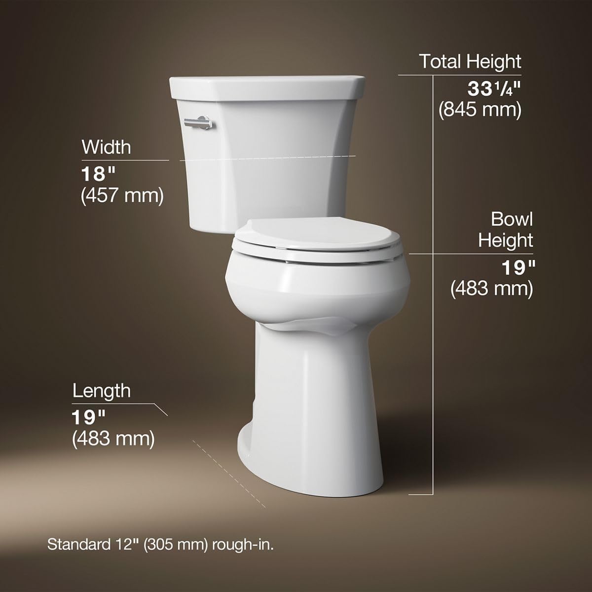 KOHLER K-25224-0 Highline Tall Two-Piece Elongated Toilet with Left-Hand Trip Lever, Elongated Toilet Bowl, 1.28 GPF, White