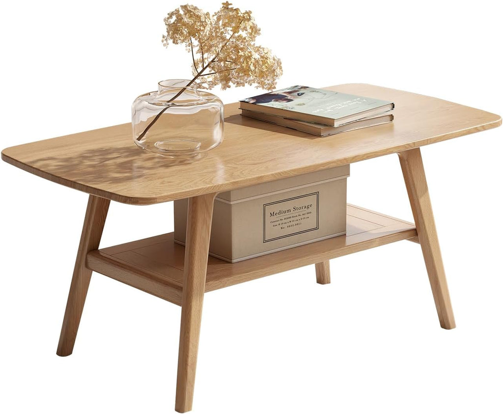 100% Solid Oak Wood Coffee Table for Living Room, 2-Tier Small Coffee Tables with Shelf Storage, Mid Century Modern Table with Rounded Corners (Natural, 39.37' x 19.68' x 17.32')