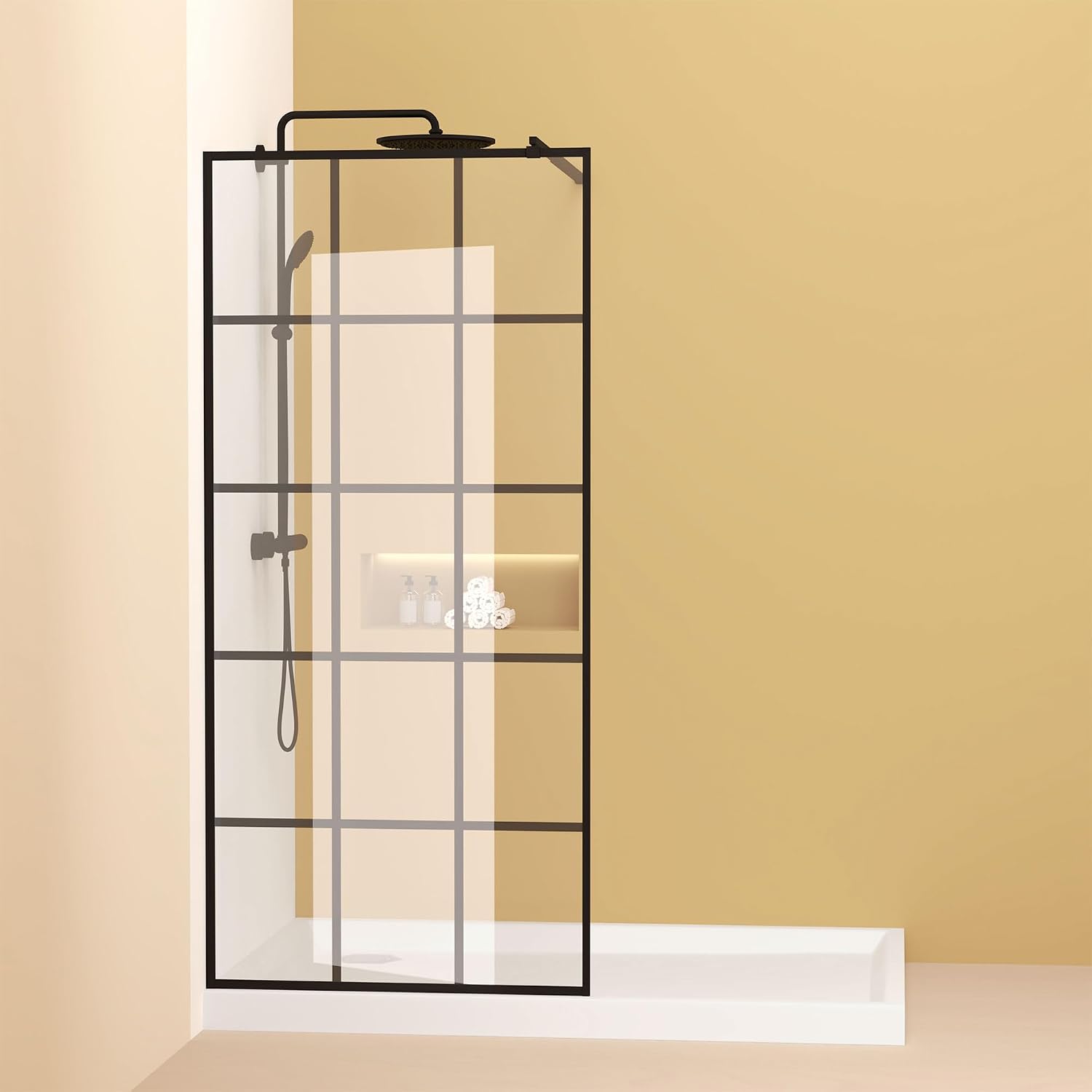 Framed Glass Shower Screen 34' Width x 72' Height with 1/4' 6mm Silk-Printing Tempered Glass, Matte Black Aluminum and Support bar, Shower Door