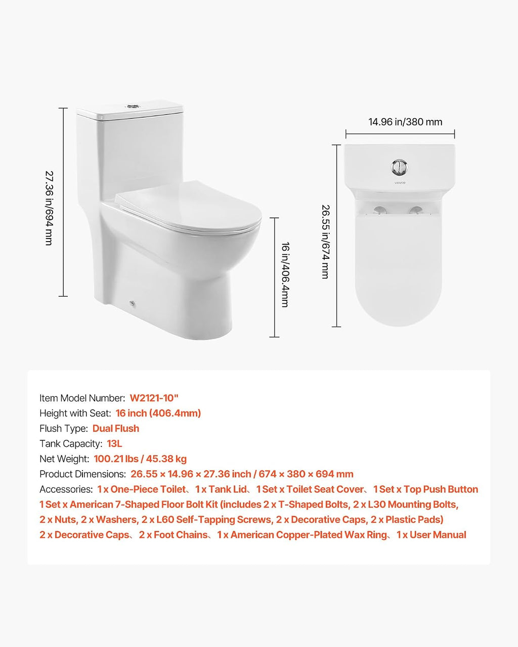 VEVOR One-Piece Toilet, Elongated Toilet Vortex Dual-Flush 1.1/1.6 GPF, Toilets for Bathroom with Comfortable Chair Seat, Standard Height, Easy-Clean Skirted Design, 10 inch Rough-In, White + Silver