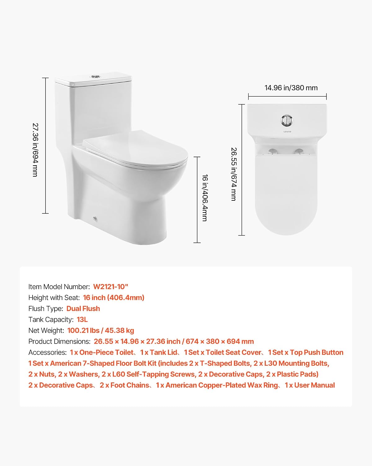 VEVOR One-Piece Toilet, Elongated Toilet Vortex Dual-Flush 1.1/1.6 GPF, Toilets for Bathroom with Comfortable Chair Seat, Standard Height, Easy-Clean Skirted Design, 10 inch Rough-In, White + Silver