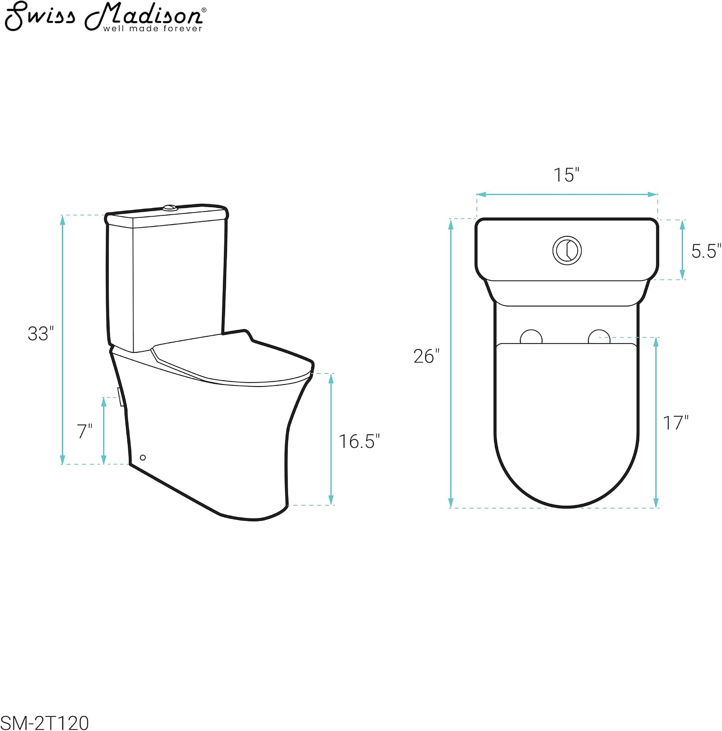 Swiss Madison SM-2T120 Calice Two Piece Elongated Rear Outlet Toilet Dual Flush in White