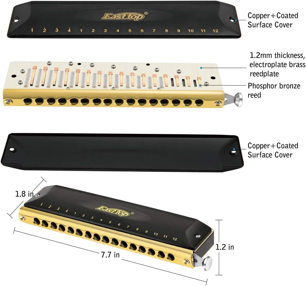 East top 16 Holes 64 Tones Chromatic Harmonica Key of C, Chromatic Mouth Organ Harmonica For Adults, Professionals and Students (BK)
