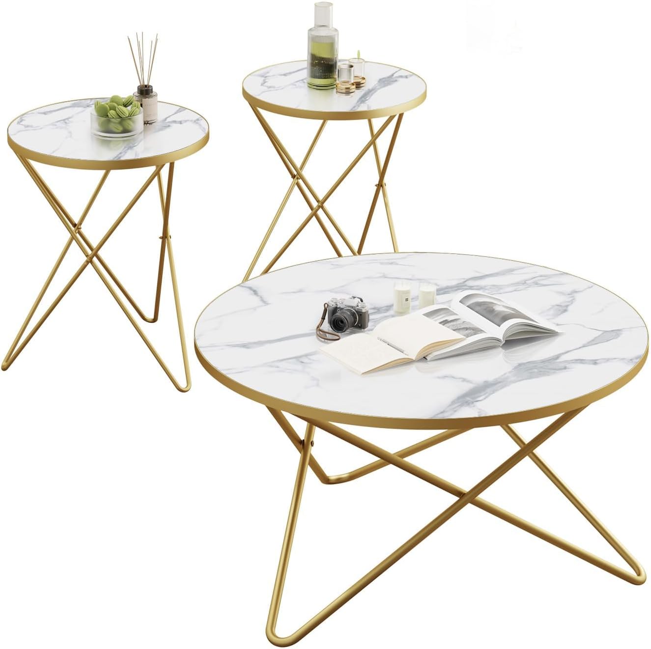 HLR Modern Round Coffee Table and Side Table Set of 3,End Table with Faux Marble Top and Gold Metal Frame, Side Table for Living Room, Bedroom, Sofa and Couch, Gold Legs, White Marble Top