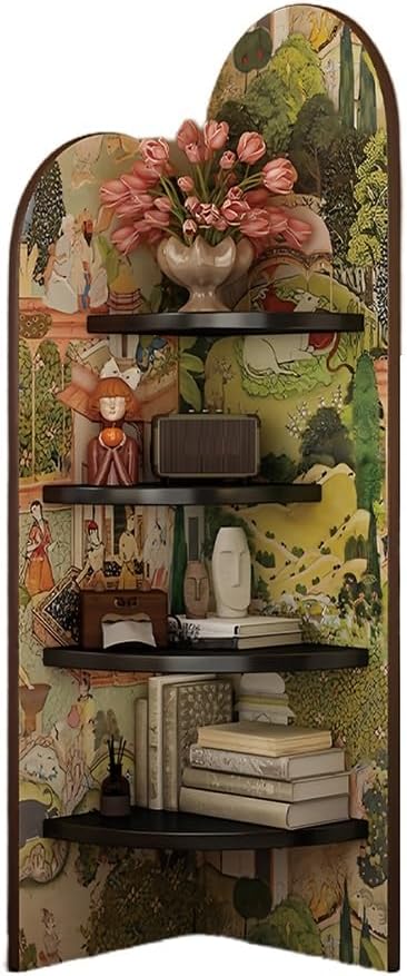 4-Tier Corner Shelf, Wood Display Stand, Fan-Shaped Storage Cabinet with Decorative Painting, Wood Triangle Display Stand, Corner Wall Shelf for Living Room, Bedroom, Office(Green)
