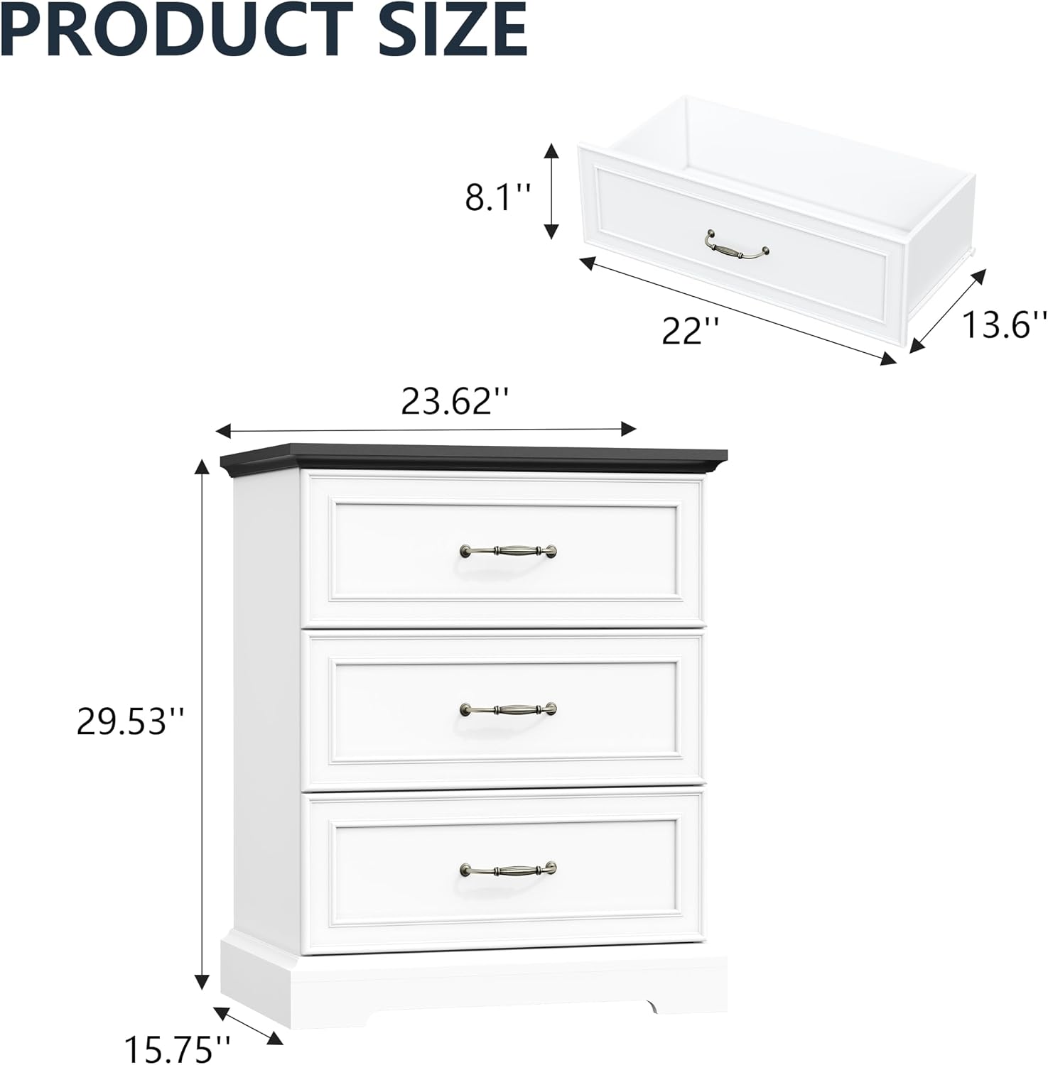 Nightstand Set of 2,24' Wide End Table with 3 Large Drawers & Metal Handles,Rustic Farmhouse Wood Small Dresser,Bedside Table,Modern Chest of Drawers for Bedroom,Living Room,White