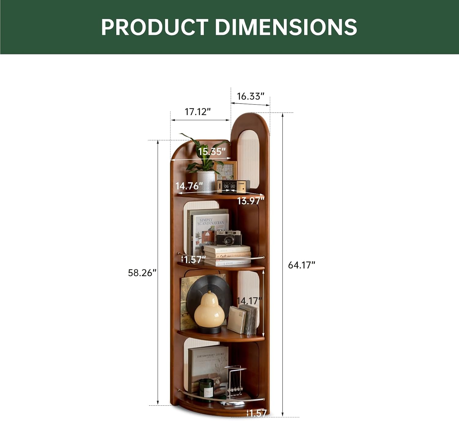 4-Tier 100% Solid Wood Corner Bookshelf, 64' Tall Mid Century Modern Corner Shelf Display, Open Storage Bookcase for Home Offie, Living Room (Poplar Wood)