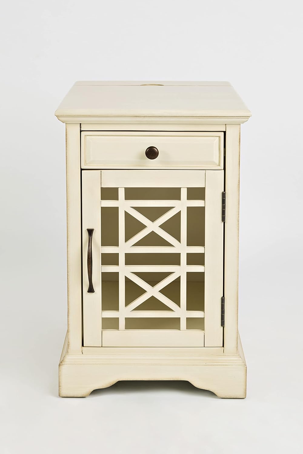 Jofran Farmhouse Craftsman End Table with Charging Station – Narrow Night Stands with USB Charging Port – Space-Saving Design for Bedroom, Living Room, or Entryway, Antique Cream