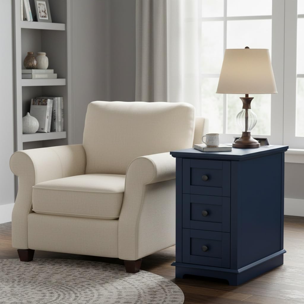 HIFYOBRO 3 Drawers End Table with Flip Top Charging Station, Narrow Side Table with Power outlets, Wooden Nightstand, End Table with Storage for Living Room and Bedroom