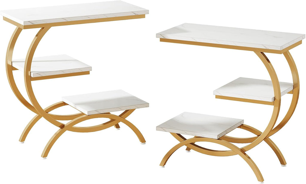 Tribesigns C-Shaped End Table Set of 2, Industrial 3-Tier Small Side Table for Couch, Wood Bedside Table Snack Side Table with Storage Shelves for Living Room Small Space, White Gold