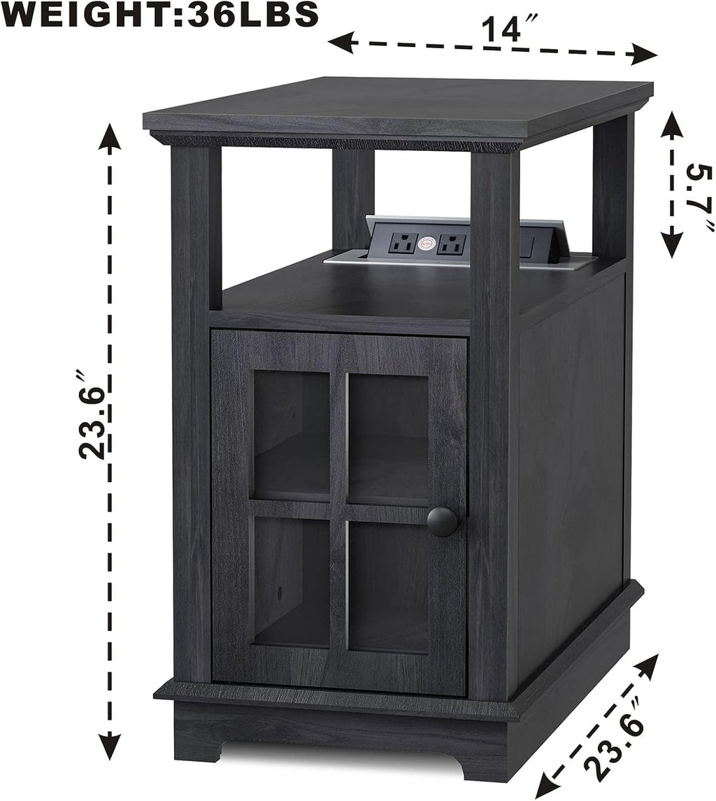 HIFYOBRO End Table with Safe Charging Station, Narrow Side Table with USB Ports & Outlets, Nightstand with Adjustable Shelf & Glass Door, Small Storage Table for Living Room, Bedroom