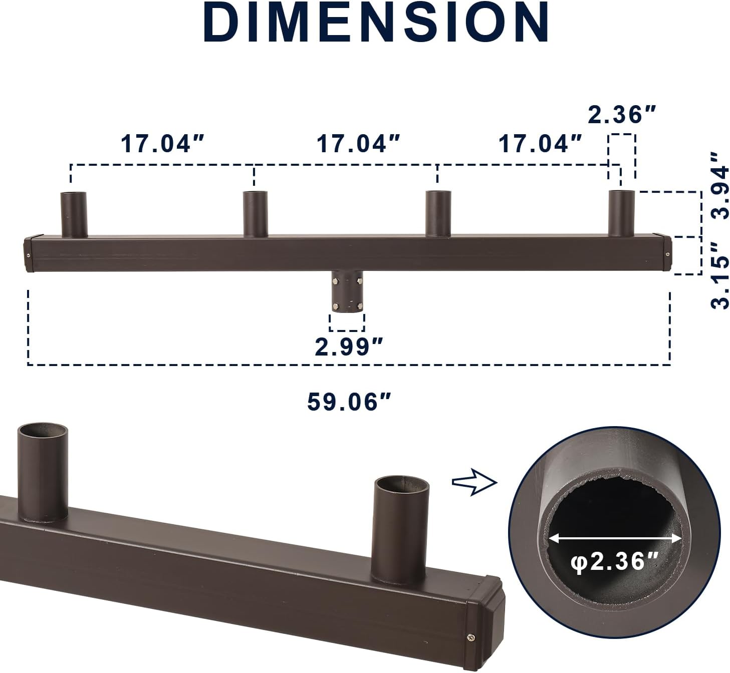 180° Low Profile Bullhorn Bracket with 4 in-Line Arms – 2-3/8' Tenon Adapter Outdoor Light Pole Cross Bar for Slip Fitter LED Shoebox, Parking Lot, Street Lights, Heavy-Duty Steel, Dark Bronze Finish