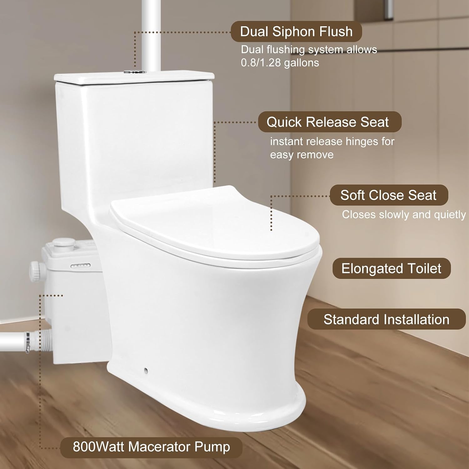 500W Macerating Toilet With Macerator Pump for Basement Upflush System, Included Water Tank, Skirted Toilet Bowl and Seat, Extension Pipe For Hide into the Wall