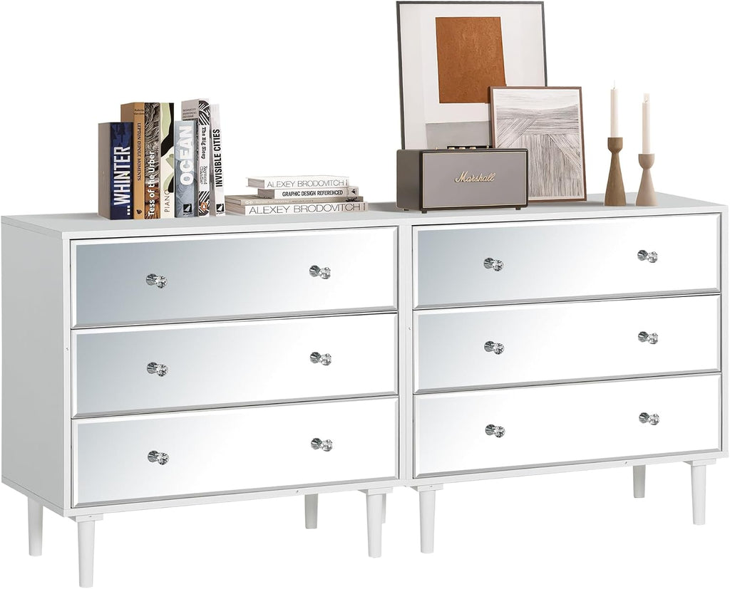 STHOUYN White Nightstand Set of 2 with 3 Drawers, Mirrored Bed Side Tables Bedroom, Modern Bedside Table Set of 2 with Storage, Decorative Night Stand for Living Room(White)