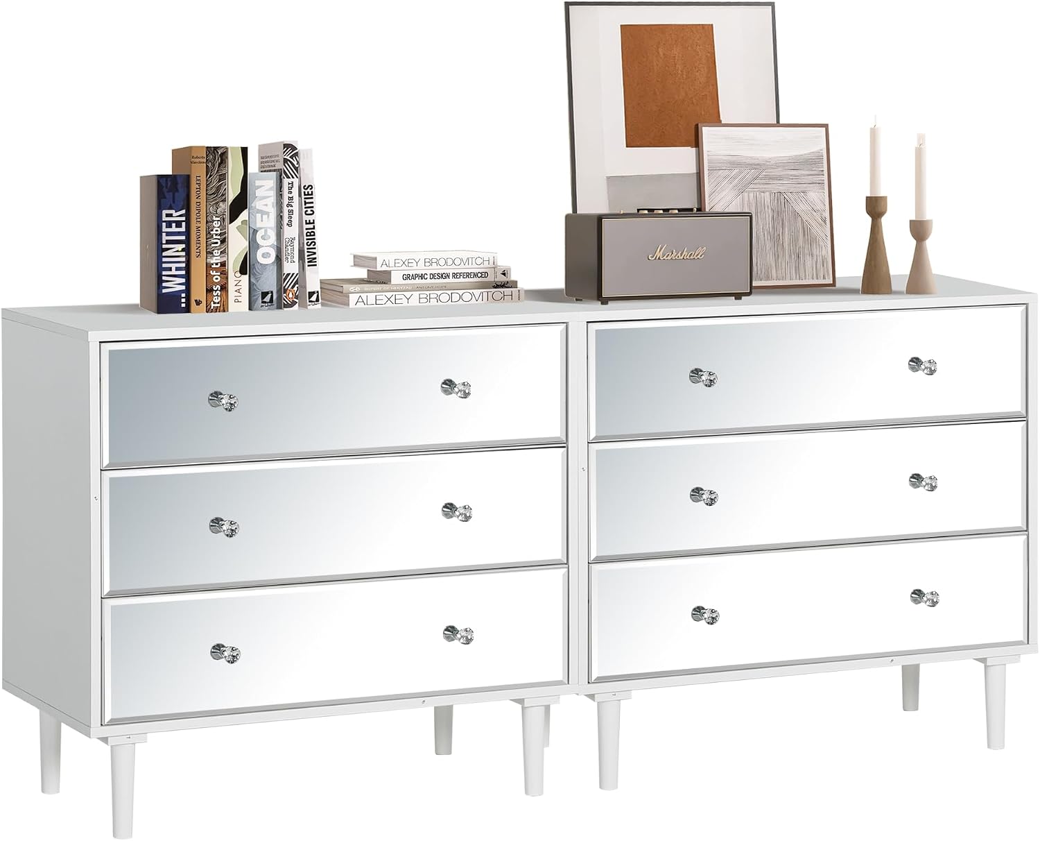 STHOUYN White Nightstand Set of 2 with 3 Drawers, Mirrored Bed Side Tables Bedroom, Modern Bedside Table Set of 2 with Storage, Decorative Night Stand for Living Room(White)
