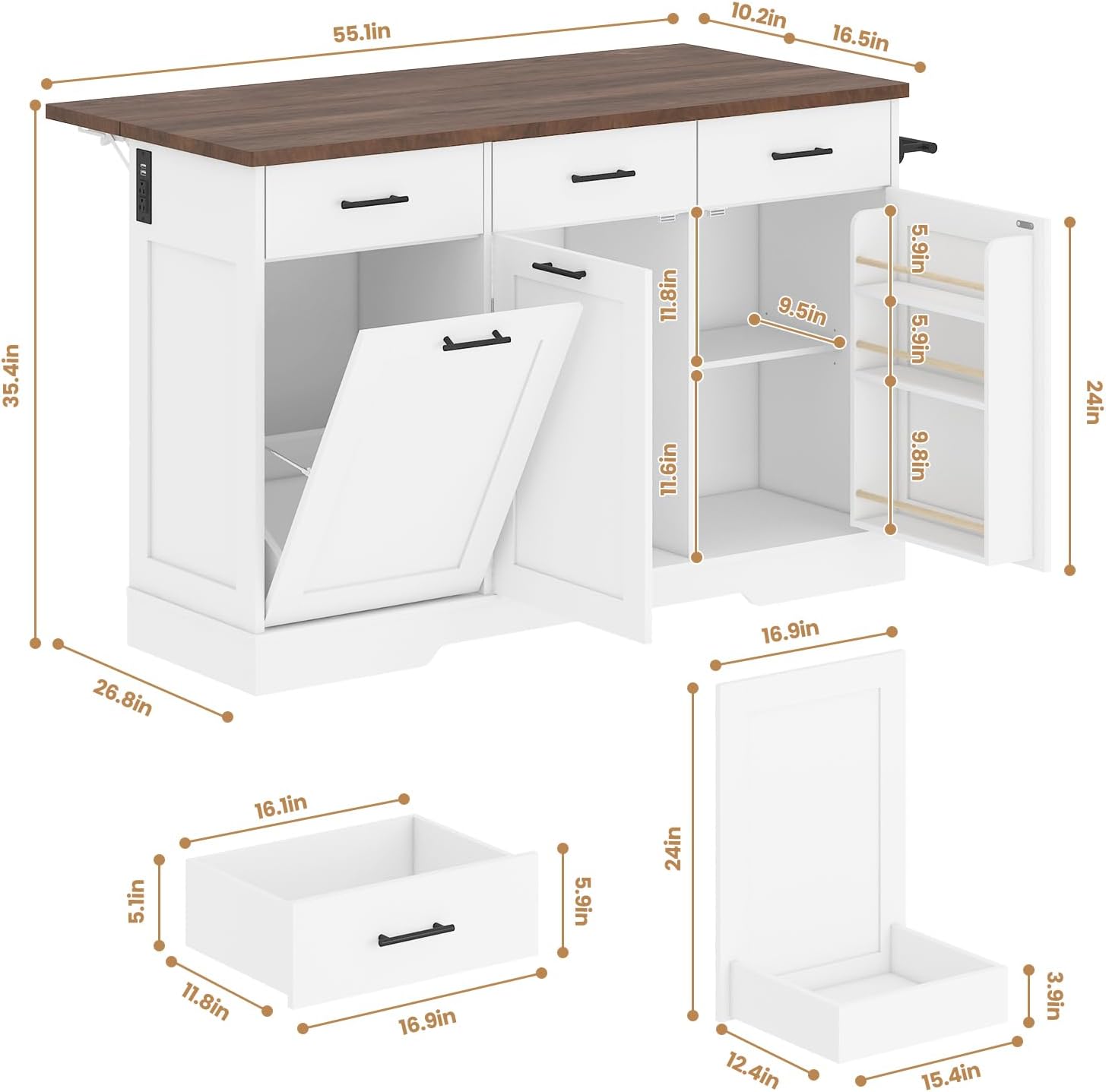 Kikihouse 55' Drop Leaf Kitchen Island Table with Power Outlet, Large Stationary Breakfast Bar with Storage Drawers, Trash Cabinet, Adjustable Shelves, Towel Rod & Spice Rack (White & Walnut)