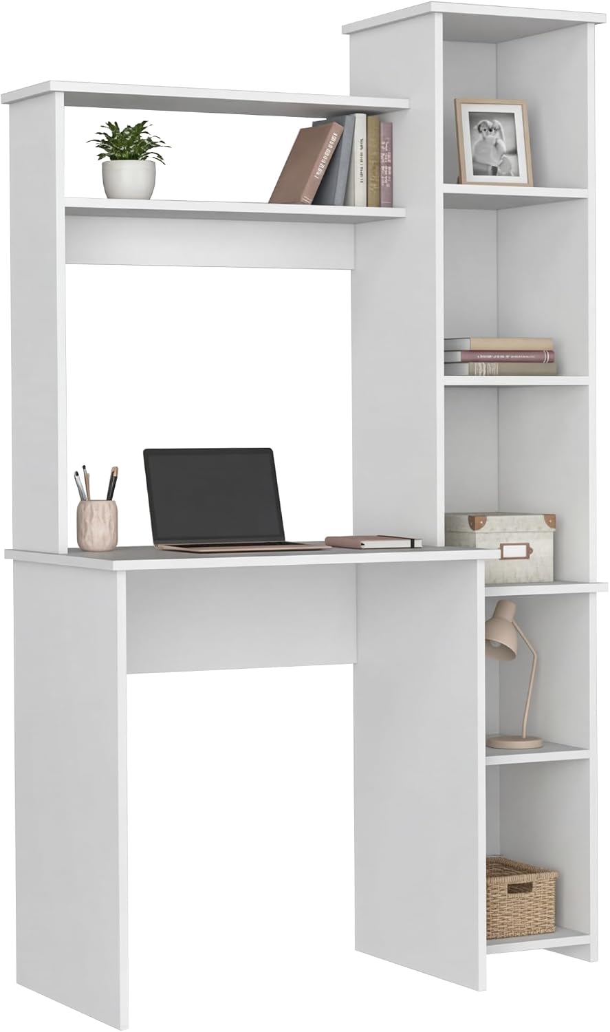Tuhome Versalles Writing Desk with Two Superior Shelves, Five Side Open Storage Compartments, Space-Saving Modern Workstation Design for Studios and Offices, Ideal for Organization, Books