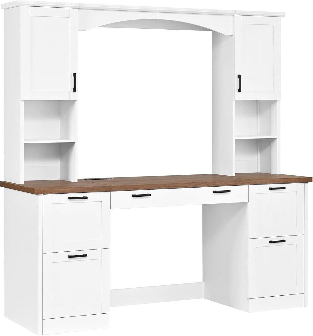 Farmhouse Arched Computer Desk with Hutch,Walnut Home Office Workstation with Charging Station & Keyboard Tray,All-in-One Writing Desk for Study, Office (White-FA)