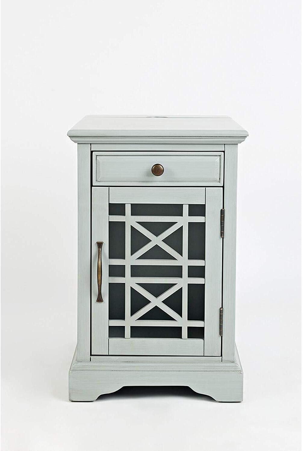 Jofran Farmhouse Craftsman End Table with Charging Station – Narrow Night Stands with USB Charging Port – Space-Saving Design for Bedroom, Living Room, or Entryway, Earl Grey