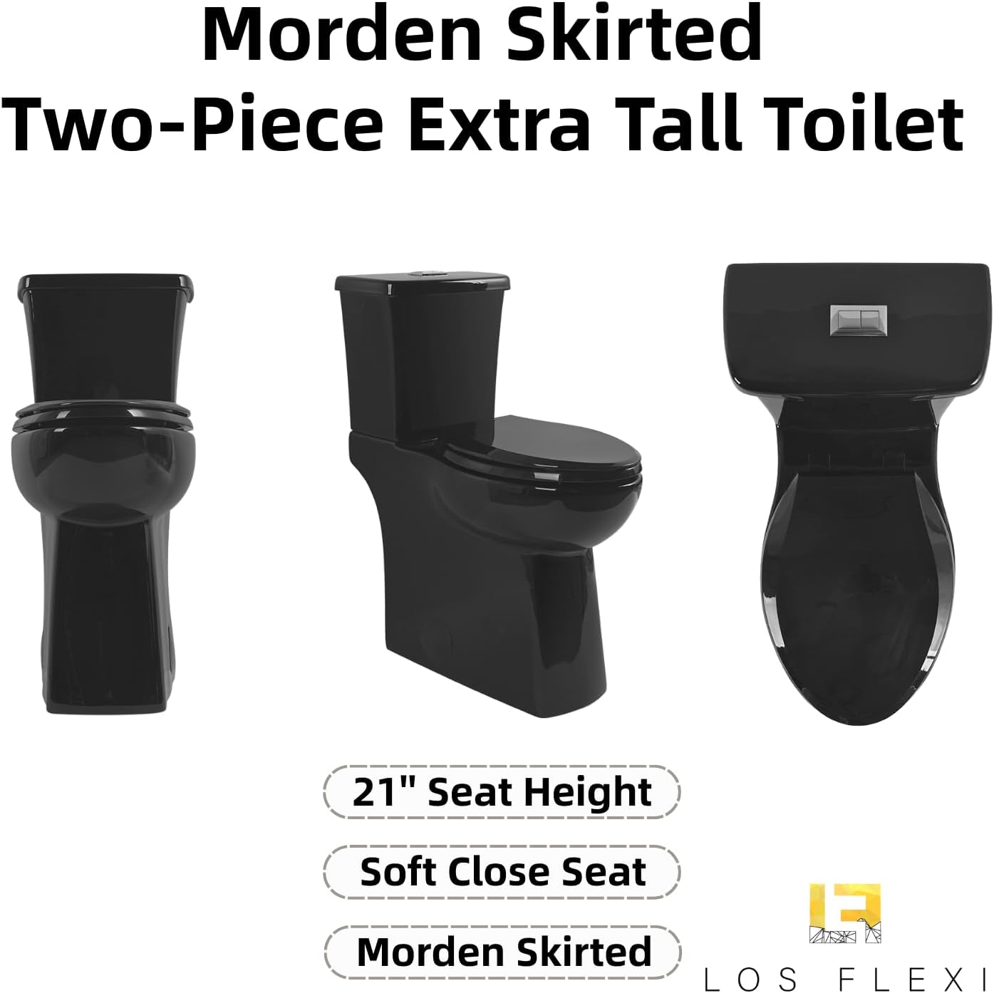 Black 21 Inch High Toilet, Los Flexi Skirted Glossy Black Two-Piece Toilet with 1.1/1.28 Dual Flush System For Seniors & Tall Height Users, Comfort Elongated Bowl, Soft-Close Seat 12' Rough-In