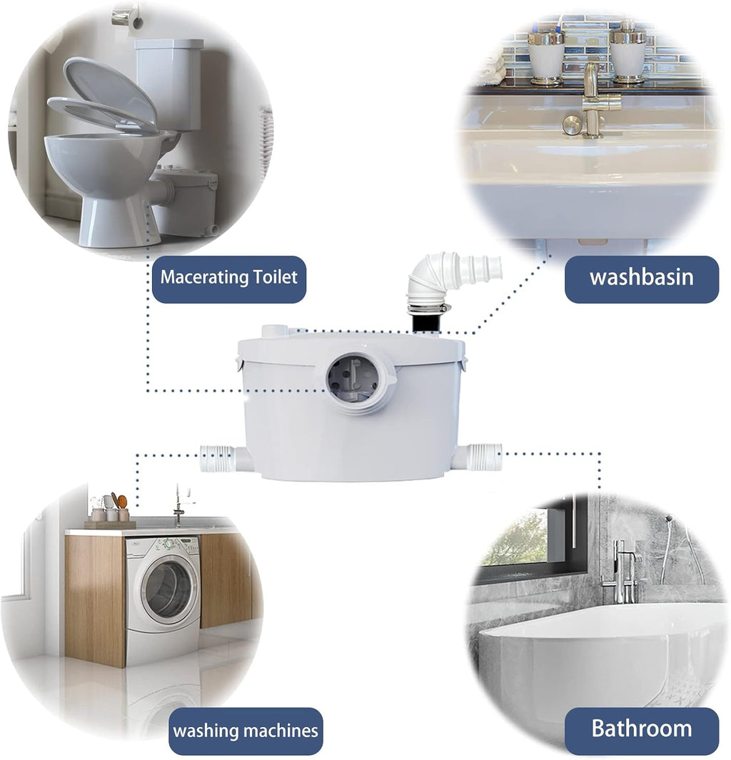Simple Project Macerating Toilet With 600W Pump, Upflow Toilet System With 4 Water Inltes - Upflush Toilets For Basement With Macerator Pump - Two-piece Macerating Toilets System