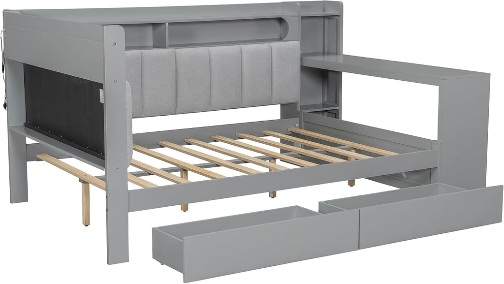 Bellemave Full Size Upholstered Daybed with Desk and Drawers and USB/LED Belt, Corner Bed with Trundle, L-Shape daybed for Bedroom Living Room, Gray（Linen）