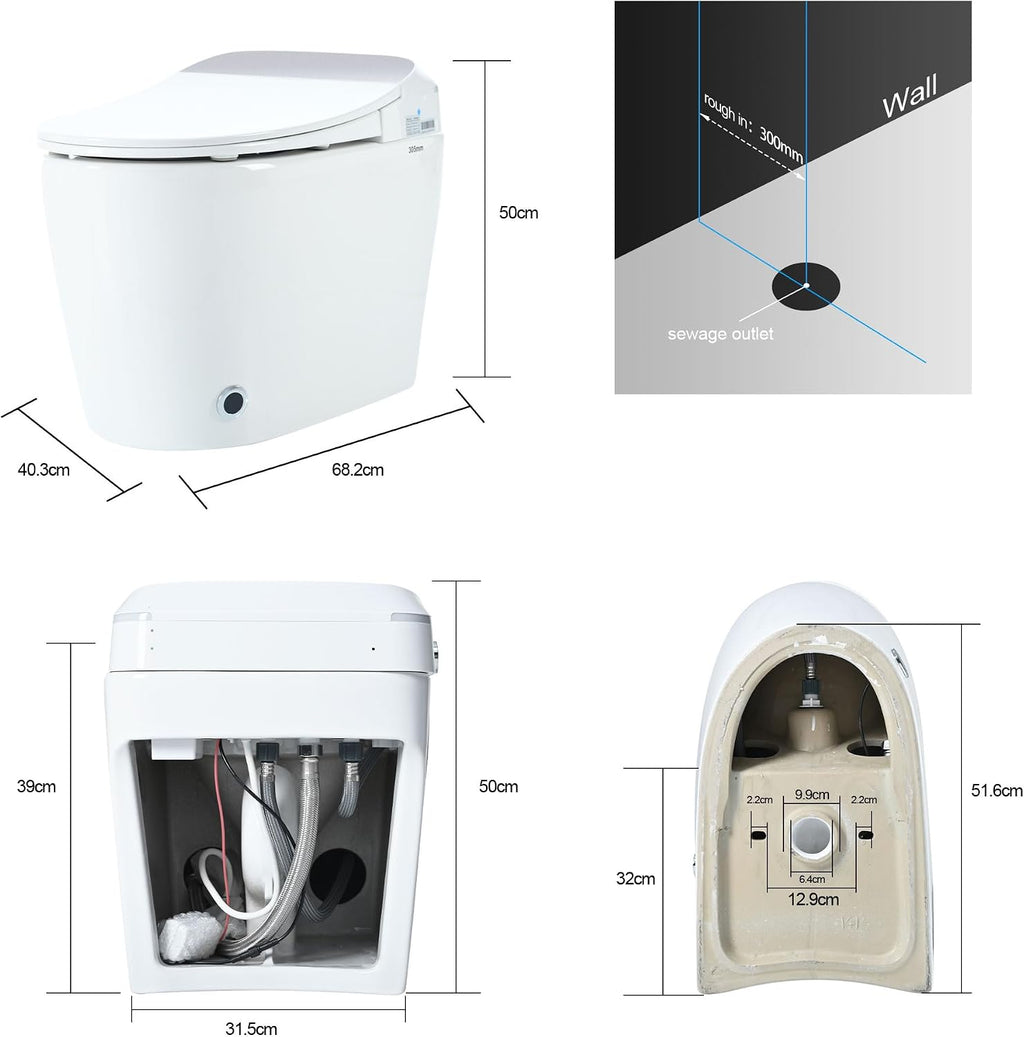 Smart Bidet Toilet with Auto Open & Close Seat, Elongated One Piece Self Flushing Toilet, Heated Seat Warm Water Sprayer, Foot Sensor Operation, Modern Electric Toilet for Bathroom Renovation