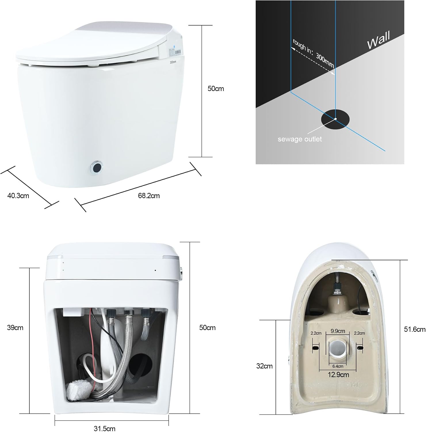 Smart Bidet Toilet with Auto Open & Close Seat, Elongated One Piece Self Flushing Toilet, Heated Seat Warm Water Sprayer, Foot Sensor Operation, Modern Electric Toilet for Bathroom Renovation