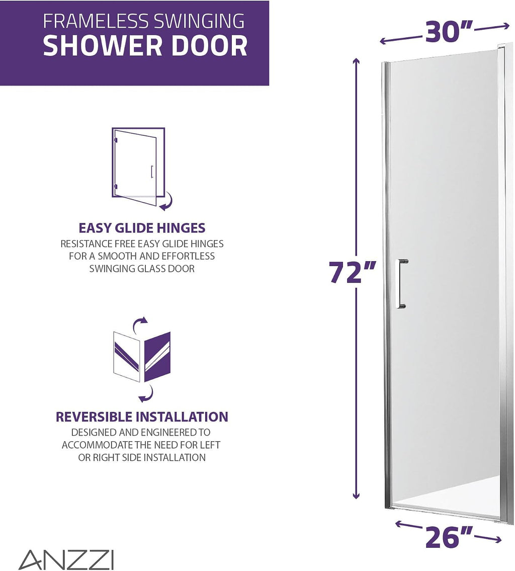 ANZZI Shower Door 72' x 30', Semi-Frameless, Brushed Nickel, Water Repellent Glass Shower Door, Seal Strip Parts and Handle, 1/4' Glass Hinged Shower Door with Handle, Lancer Series (SD-AZ051-02BN)