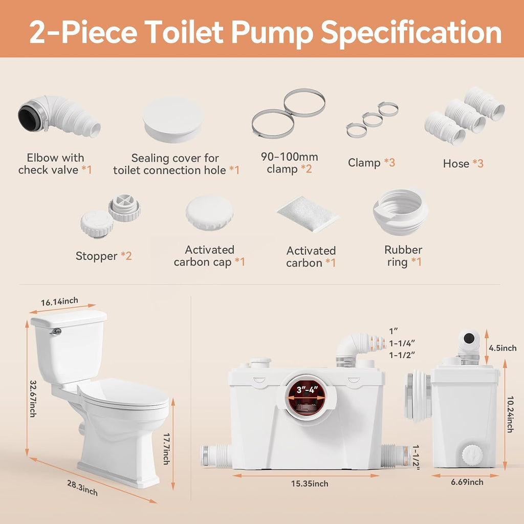 Macerating Toilet System, Two-piece Vintage Upflush Toilet with 4 Inlets Grinder Pump for Household Sewage Wastewater Disposal, Copper Motor, Quiet Operation, Extension Pipe Included, Less Consumption