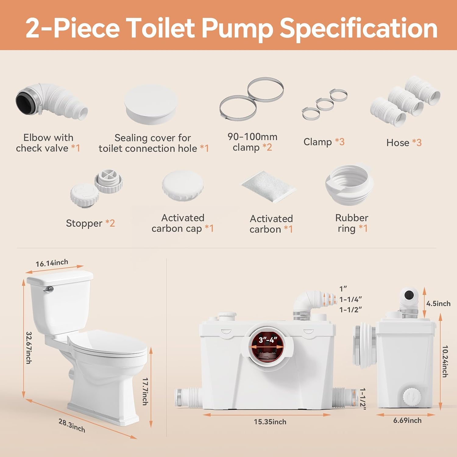 Macerating Toilet System, Two-piece Vintage Upflush Toilet with 4 Inlets Grinder Pump for Household Sewage Wastewater Disposal, Copper Motor, Quiet Operation, Extension Pipe Included, Less Consumption