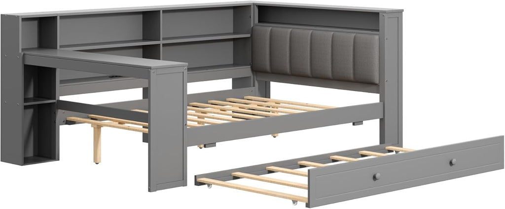 Bellemave Full Corner Bed with Bookcase Storage and LED Lights, Wooden Platform Bed Frame with Desk and Twin Trundle, Full Daybed with Upholstered Headboard and Charging Station, Grey