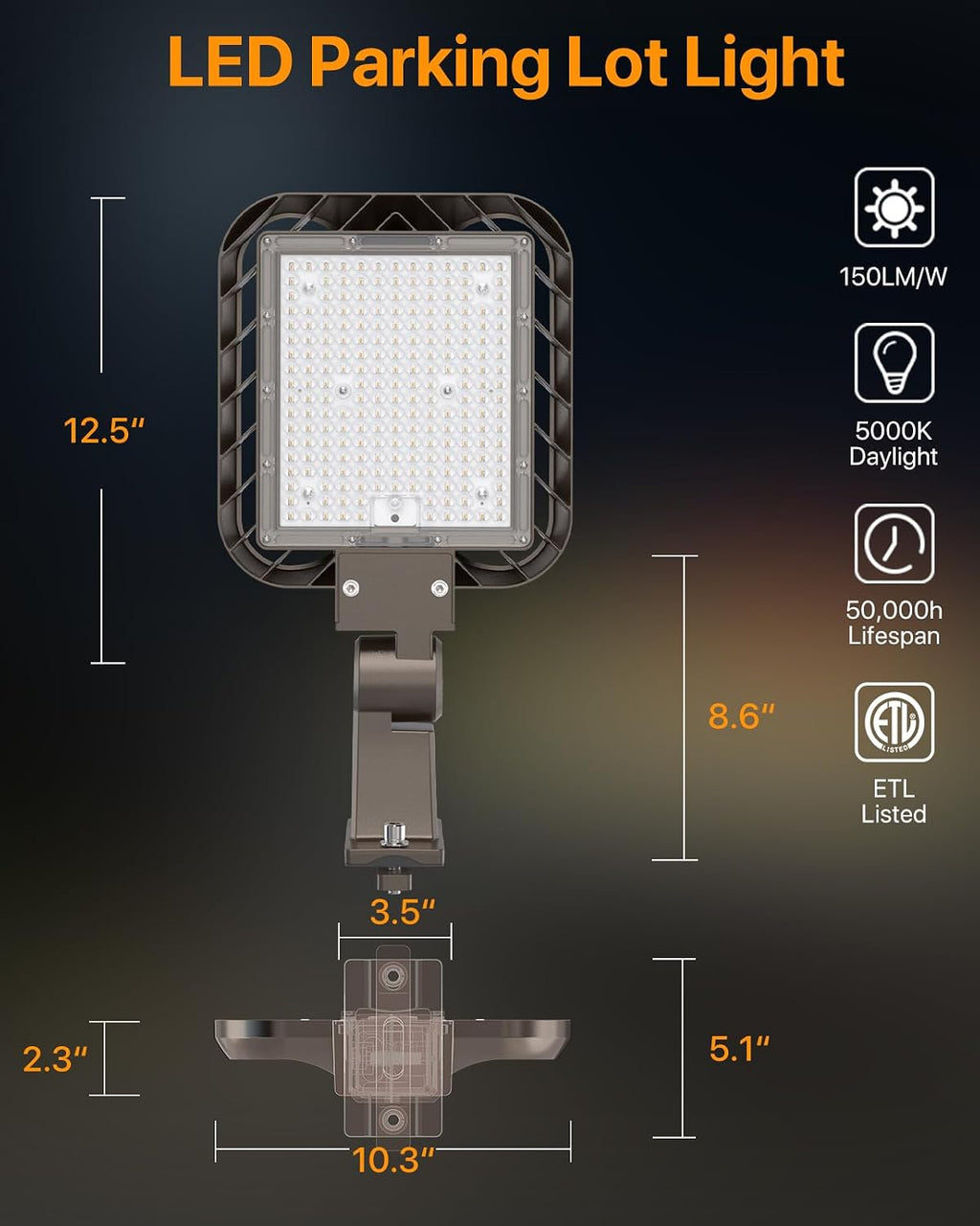 150W Parking Lot Lights Quick Installation, 22500LM Adjustable Arm Mount Shoebox Light IP65 Waterproof, 100-277V AC Dusk to Dawn Commercial Street Area Light for Roadways, Parking lot, 3Packs