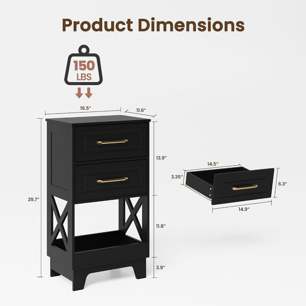 Tall Nightstand Set of 2 Side Table with 2 Drawers Modern Night Stand Wooden End Table Bedside Table with Below Open Shelf Solid Feet for Bedroom Black